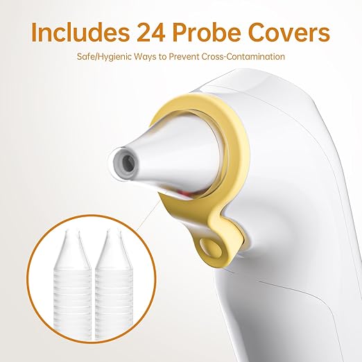 Ear Thermometer, Highly Accurate Ear Thermometer for Kids, Adults and Babies, 30 Memory Recall, 1s Result and 3-Color Fever Alert, with 24 Disposable Probe Covers, Yellow