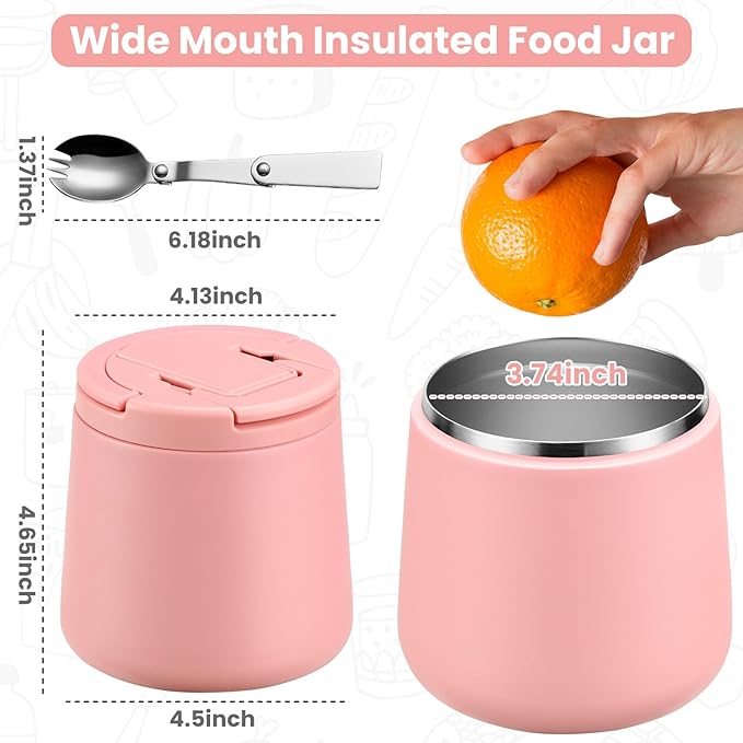 20oz Insulated Vacuum Food Jar with Buckle Lid,Soup Thermo for Hot Food Kids,Wide Mouth Leakproof Stainless Steel Lunch Container with Spoon-Pink