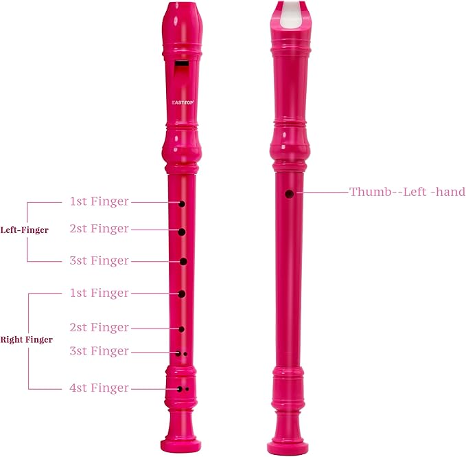 EAST TOP Soprano Recorder for Kids Beginners, 8 Hole Plastic German Fingering Flute Recorder 3 Piece with Cleaning stick, Cotton pouch, Fingering Chart, Colorful box (Hot Pink)
