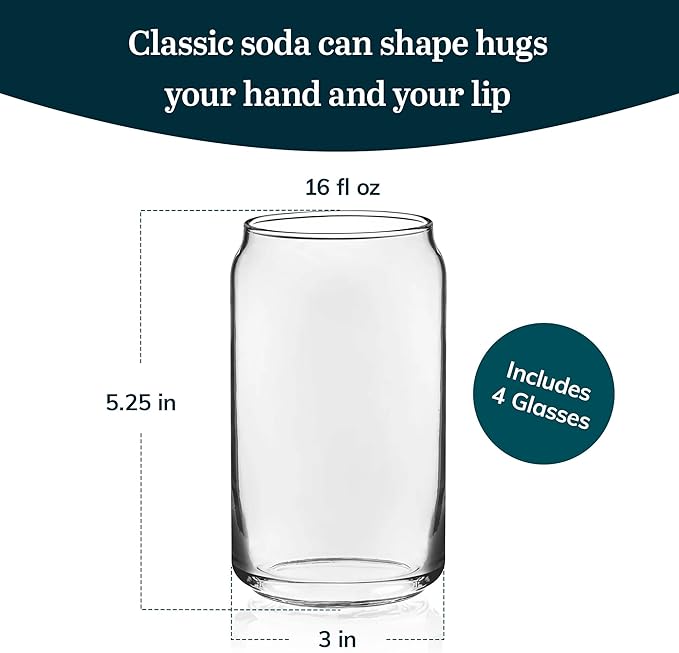 Libbey Classic Can Shaped Drinking Glasses Set of 4, 16 Oz, Dishwasher Safe - Image 3