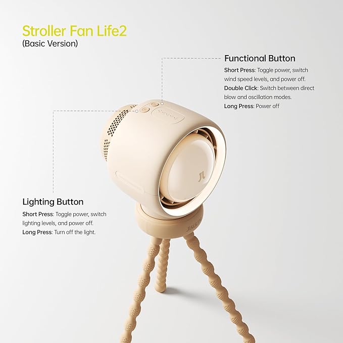 JISULIFE Stroller Fan Baby Large, Safe Bladeless for Crib, Desk, 4000mAh Battery Rechargeable Portable Cooling Fan with Air Turbo Tech, Night Light, Food-Grade Gift for Mom/Dad/Friend - Brown