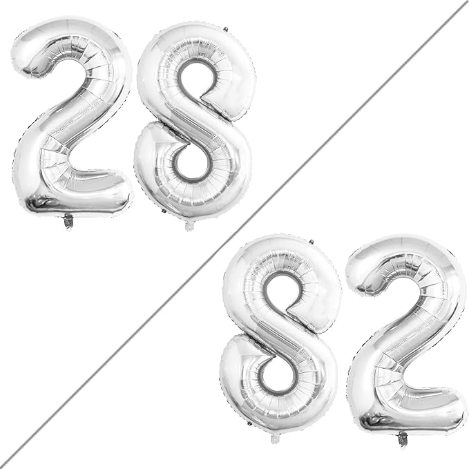 GOER Number 28 Balloons for 28th Birthday Party Decorations,42 Inch Jumbo Foil Helium 82 Balloons for 82nd Birthday Party Decoration (Silver)