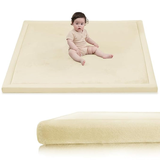 Baby Play Mat for Floor, 1.3" Thick Elasti-Foam 50x50 Playpen Mat for Toddlers Infant Kids,Water-Repellent Soft Velvet for Tummy Time, Non-Slip Backing for Crawling, Tatami Style(Vanilla)