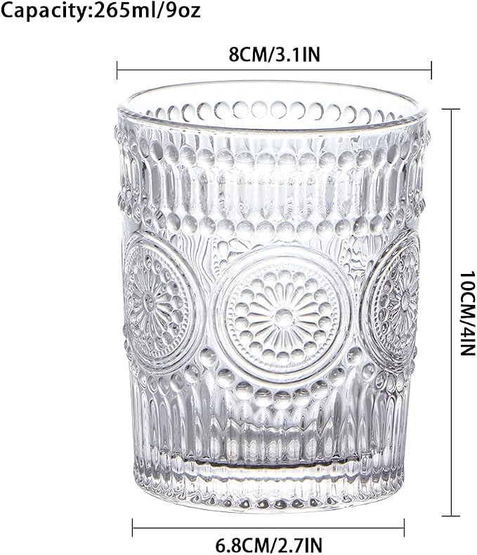 MDLUU 6-Pack Embossed Drinking Glasses, Romantic Glassware, Vintage Glass - Image 2