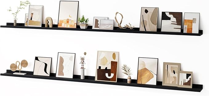 Floating Picture Ledge Shelves for Wall Set of 2, 84 Inches Picture Ledge Shelf with Long Large Nursery Book Shelf for Toys Storage Kids Bookshelf Wall Mounted Living Room Bedroom Decor Frames, Black