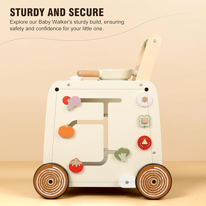 Wooden Baby Walker, 3-in-1 Baby Push Walker, with Pretend Kitchen, Montessori Sensory Activity Center, Push Walker Toys for Babies Learning to Walk, Sit-to-Stand