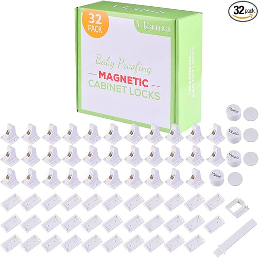 32 Pack Vkania Magnetic Cabinet Locks Baby Proofing - Baby Safety Latches for Drawers and Cabinets -Easy Installation No Drilling