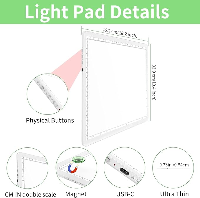 KOBAIBAN A4 Magnetic Light Pad with Bag, Rechargeable Diamond Art Light Board with Side Physical Buttons, 3 Color Light Modes Super Bright Light Table Light Box for Tracing, Drawing, Sketching (White)