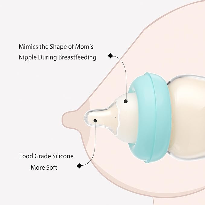 YOHKOH Natural Glass Baby Bottle with Natural Response Nipple, Newborn Anti-Colic Baby Bottles, Wide Neck Mushroom Cap Baby Bottle, Clear ((5.4oz (Pack of 2), Blue-A)