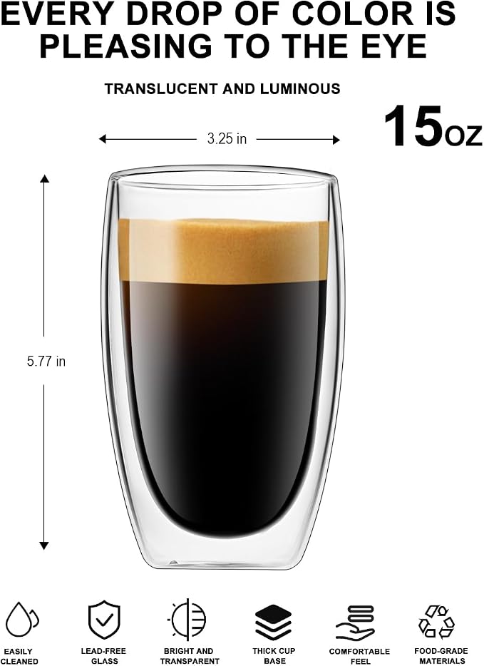 LUXU 16 Oz Double Walled Glass Coffee Mugs, Cappuccino, Hot Beverage and - Image 2