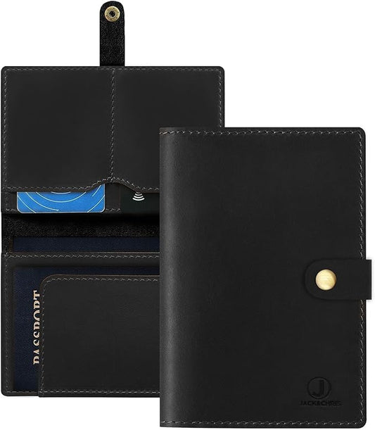 Jack&Chris Genuine Leather Passport Holder for Travel, RFID Blocking Handmade Passport Holder with Card Case Organized & Safe, Quality Travel Essentials for Women and Men for Gifting, Black