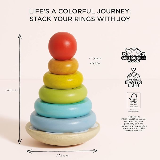 Le Toy Van – Wooden Rainbow Stacker | Girl & Boy 7 Piece Rainbow Wobbling Ring Stacker – Suitable for 18+ Months