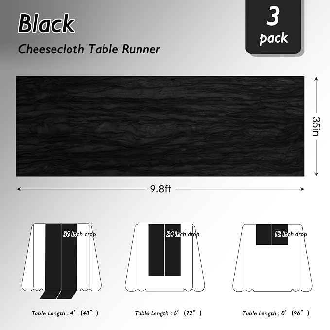 6 Pack Black Cheesecloth Table Runner 120 Inch Boho Wedding Decor | Cheesecloth - Image 2