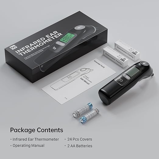 Ear Thermometer, Highly Accurate Ear Thermometer for Kids, Adults and Babies, 30 Memory Recall, 1s Result and 3-Color Fever Alert, with 24 Disposable Probe Covers, Black