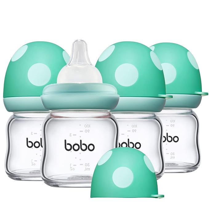 YOHKOH Natural Glass Baby Bottle with Natural Response Nipple, Newborn Anti-Colic Baby Bottles, Wide Neck Mushroom Cap Baby Bottle, Clear (3.4oz (Pack of 4), Blue)
