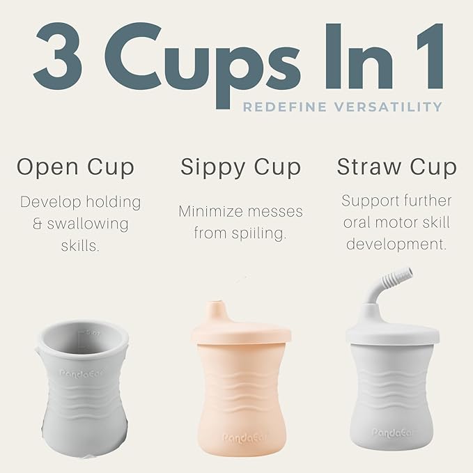 PandaEar Silicone Training Cup, 3 Pack Baby Drinking Sippy Cups with Straw for Baby and Toddler 6 Months+ (Brown/Pink/Gray)