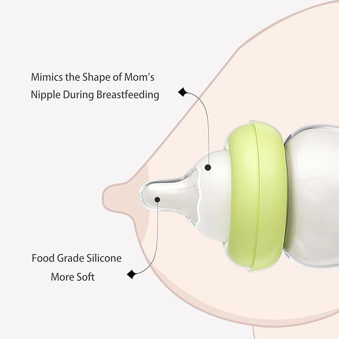 YOHKOH Natural Glass Baby Bottle with Natural Response Nipple, Newborn Anti-Colic Baby Bottles, Wide Neck Mushroom Cap Baby Bottle, Clear (Green, (5.4oz (Pack of 2))