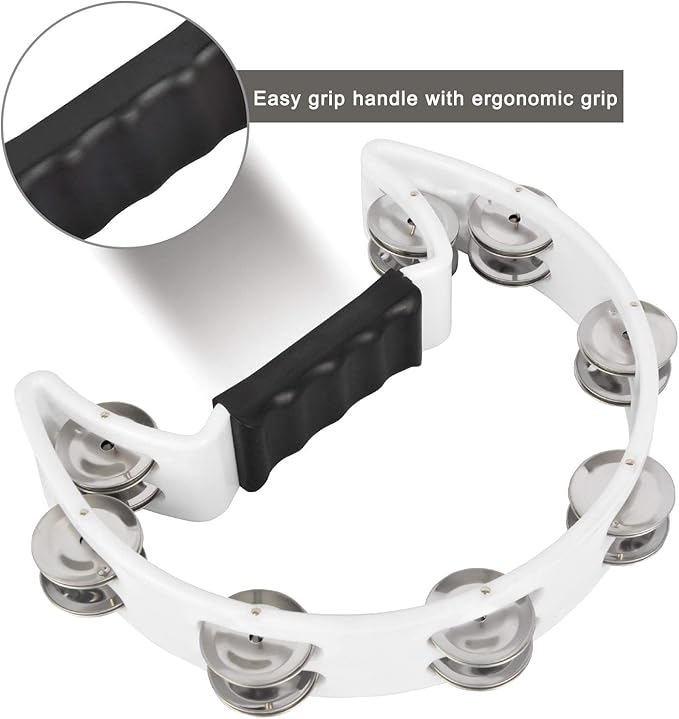 EastRock Tambourine,Metal Jingles Hand Held Percussion Half-Moon Tambourine and Egg Shakers for Kids, Adults, KTV, Party White