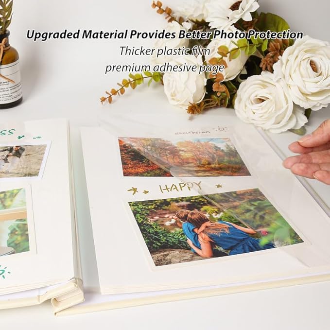 RECUTMS Photo Album Self Adhesive with Round Window 4x6 5x7 6x8 8x10 Magnetic Scrapbook with 40 Pages Leather Cover DIY Photo Album with Metallic Pen and Scraping Plate (Orange)