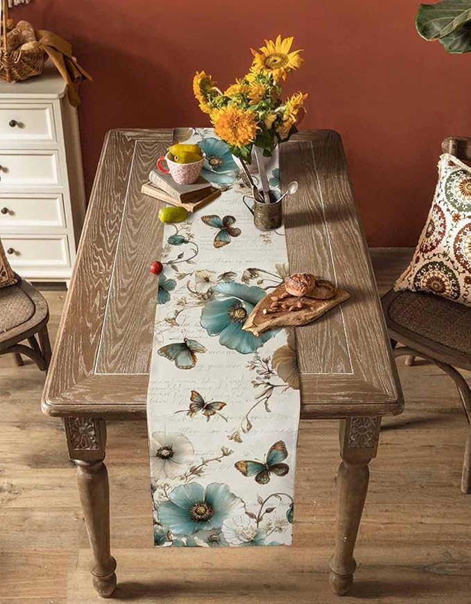 Turquoise Tulip Table Runners 108 Inches Long, Spring Vintage Botanical Table - Image 4