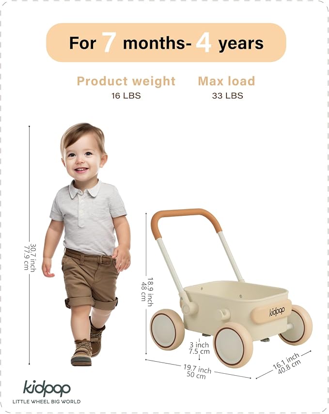 Kidpop PULA 2-in-1 Push and Pull-Along Wagon, Baby Push Walker for First Learner from 7 Month to 4 Year, One Year Birthday Gifts, Sturdy and Safe, Indoors and Outdoors (White)