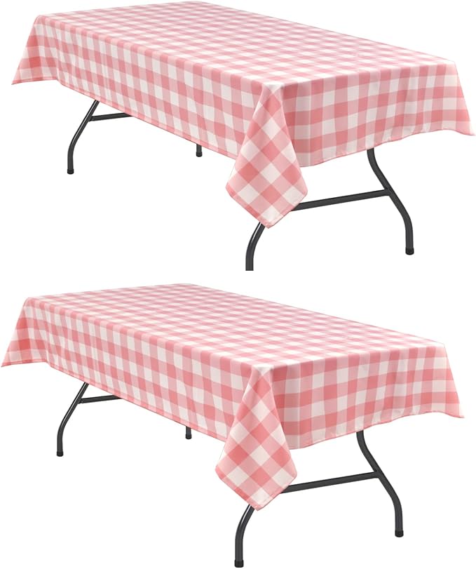 Plaid Tablecloth 2 Pack, 60 x 120 inch, Peach Pink and White | Waterproof by Hiasan