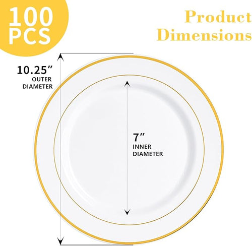 100PCS White & Gold Plastic Plates Disposable, 10.25" Heavy Duty Plates | - Image 2