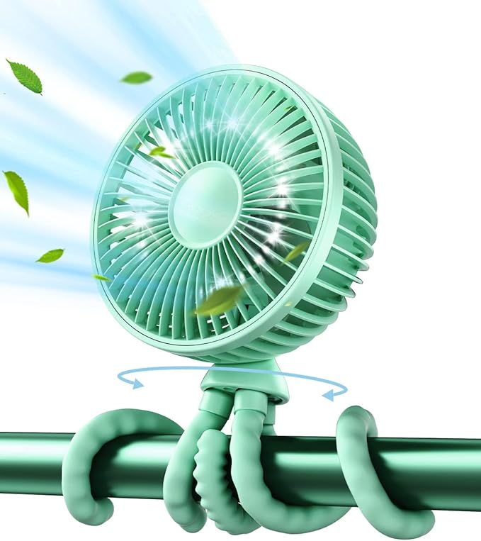 Gaiatop Oscillating Baby Stroller Fan with LED Night Light, 4 Speeds Cooling Rechargeable 360° Rotate Clip On, Battery Operated Small Portable Fans for Car Seat Crib Treadmill Travel