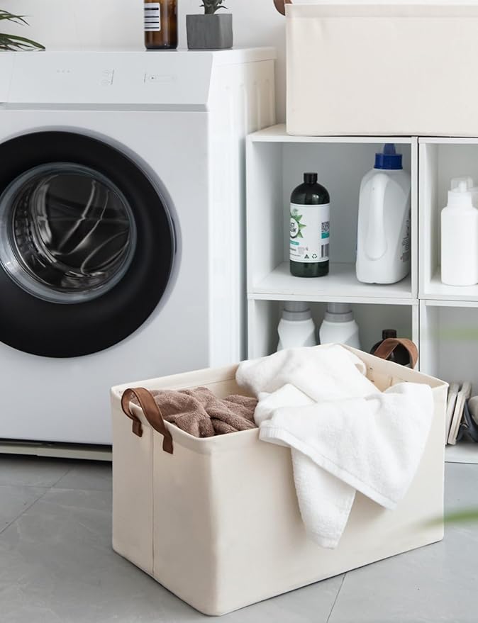 StorageWorks Storage Bins, Fabric Storage Bins for Shelves, Extra Large Storage Baskets with Metal Frame, Closet Baskets and Bins with Handles, Jumbo, Natural Color, 2-Pack