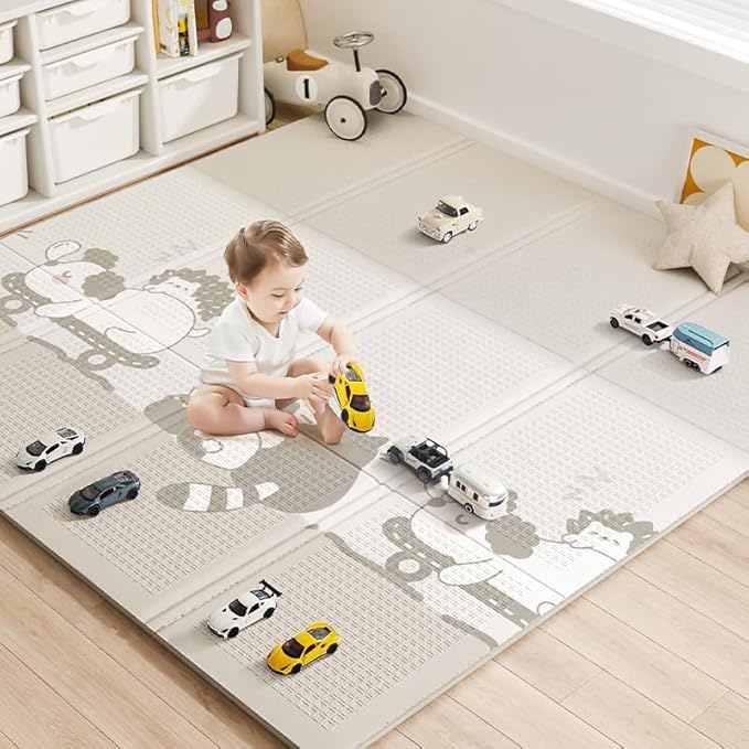 Baby Floor Play Mat 47"x47" Baby Playpen Mat, Foldable Baby Girl Playmat, Reversible Waterproof Foam Play Mats for Baby, 0.4 inch Crawling Baby Mat for 50" X 50" & 47"x47" Playpen(47*47*0.4)
