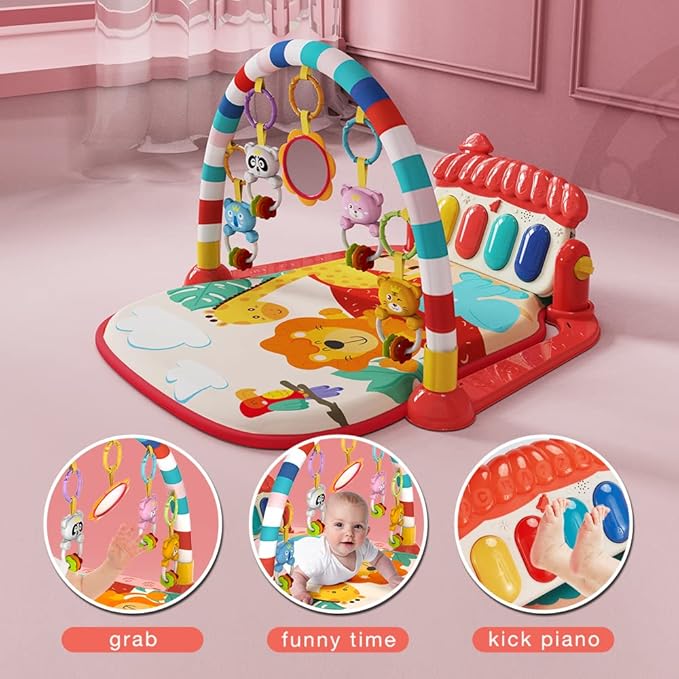 Musical Baby Gyms Play Mats Musical Activity Mat Piano Baby Play Gym Tummy Time Padded Mat for Baby Newborn Toddler Infants (Red)
