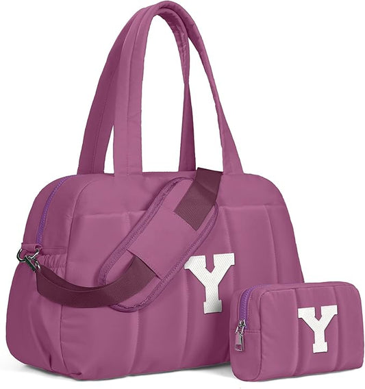 Duffle Bag with Initial, Spend The Night Bags for Women，Overnight Bag with Wet Pocket，Lightweight Stuff for Girls Travel Bags Personalized Gym Tote with Makeup Pouch