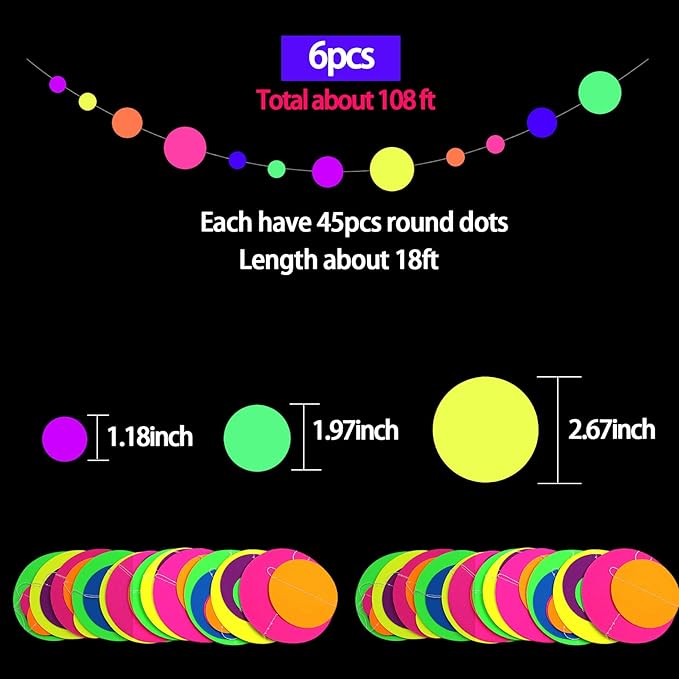 108ft UV Round Dot Neon Paper Streamers - Glow in The Dark Party Favors & Decorations for Wedding & Birthday Parties