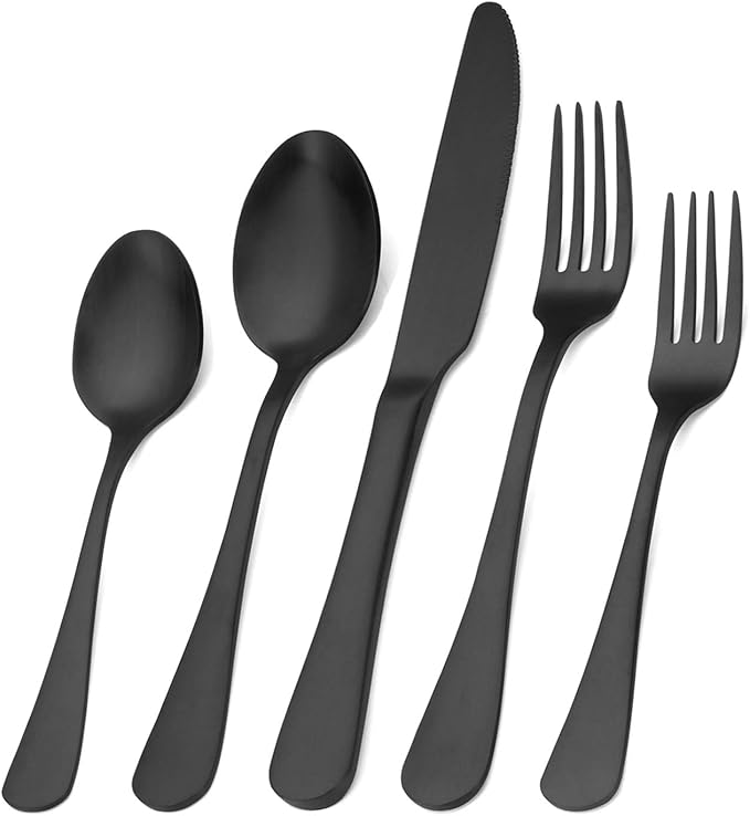 Matte Black Silverware Set, Satin Finish 20-Piece Stainless Steel Flatware Set by Sharecook