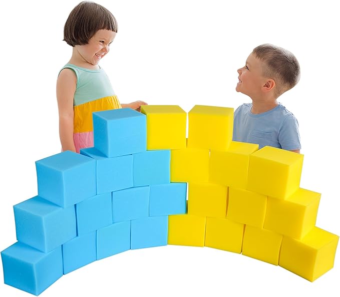 Foam Pit Cubes, 24 PCS 5 Inches Gymnastics Foam Blocks Trampoline Blocks, Multi-Sport Protective Padding for Freerunning, Trampoline, Parkour, Skate Parks & BMX - Blue & Yellow
