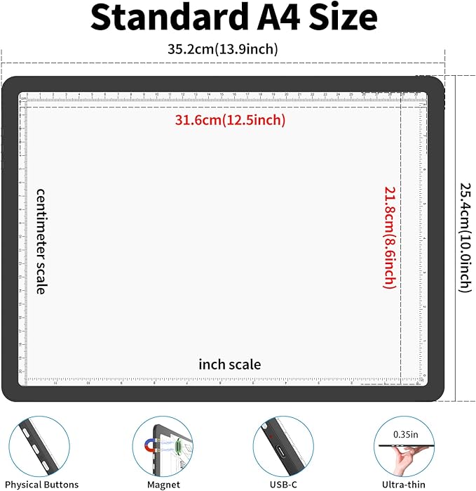 Phylosal Rechargeable A4 LED Light Pad for Diamond Painting, Ultra-Thin Magnetic Tracing Light Box for Drawing, Diamond Art Light Board with Side Button, Super Bright Light Table for Sketching (Black)