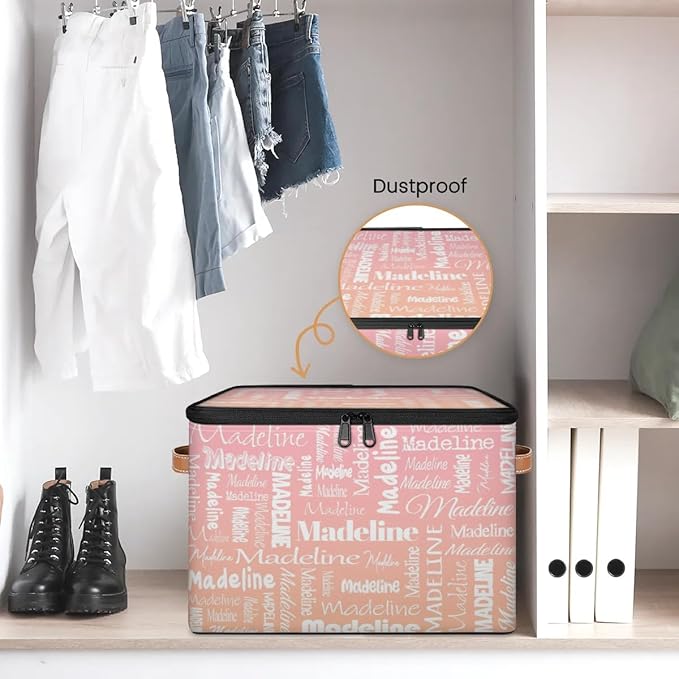 Custom Storage Basket with Name, Personalized Storage Bins with Zipper Lid, Foldable Fabric Storage Box Large capacity with Handle Pink Orange