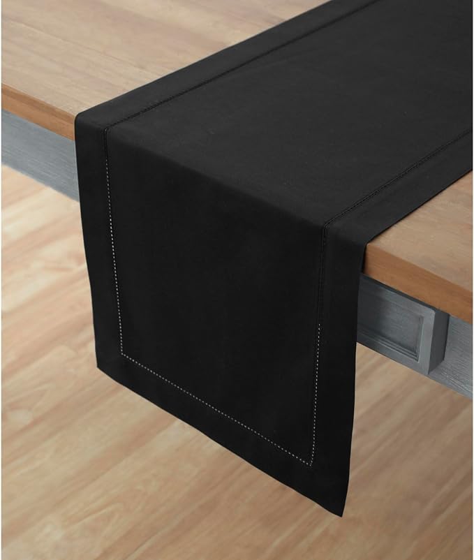 Solino Home Cotton Linen Dining Table Runner Black Hemstitch, 14 x 90 in | - Image 2
