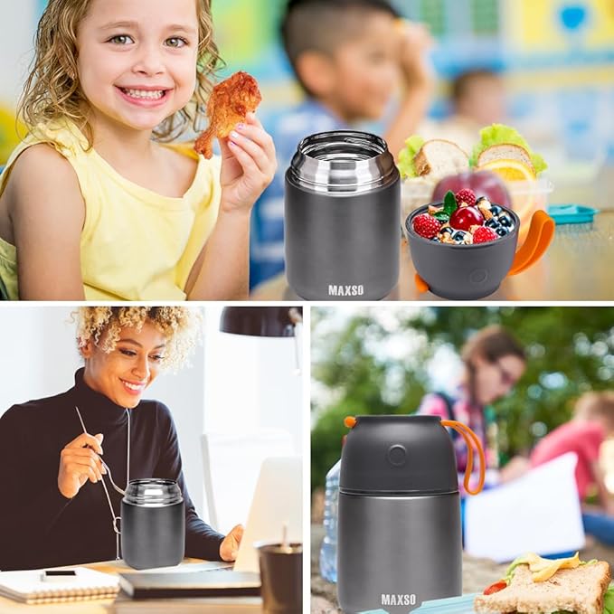 Insulated Thermo Food Jar for Hot & Cold Food for Kids Adult, 17 oz Soup Thermal Hot Food Containers for Lunch, Triple Layer Insulation Stainless Steel Food Jar with Spoon (Grey)