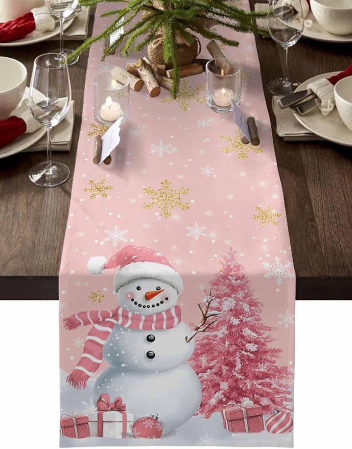 Pink Christmas Snowman Table Runners 60 Inches Long, Cotton Linen Fabric by Edwiinsa