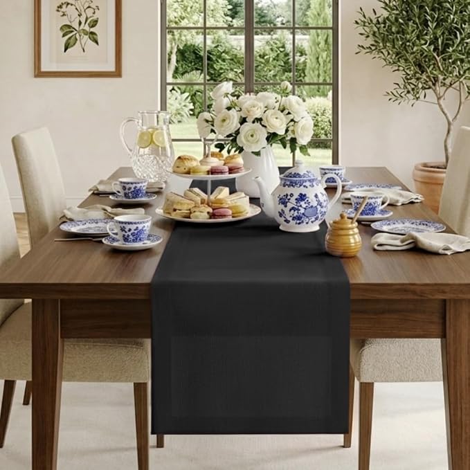 Classic Linen™ by D'Moksha Black Table Runner 144 Inches Long, 100% Pure Linen by DMokshaHomes