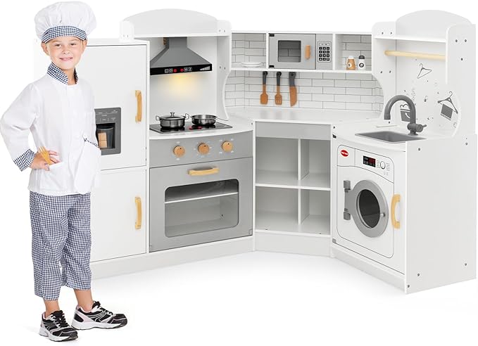Costzon Corner Kids Kitchen Playset, Wooden Play Kitchen with Sounds & Lights, Washing Machine, Range Hood, Ice Maker, Microwave, Oven, Sink, Pretend Toy Kitchen Set for Toddler, Gift for Boys Girls