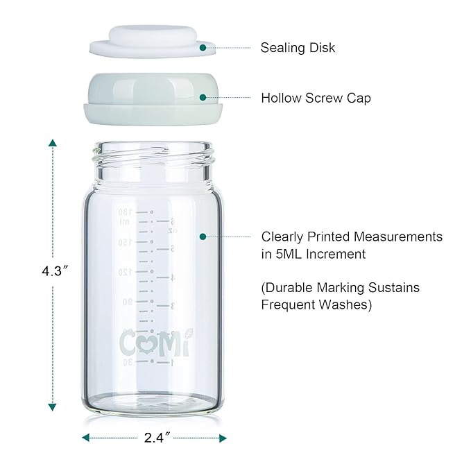 COMI Wide Neck Glass Breastmilk Collection n Storage Bottle, 6oz with Screw Ring Sealing Disk; Re-markable Sealing Disc. BPA Free, Fits Breast Pumps & Nipples (2 Pack Gray Lids)