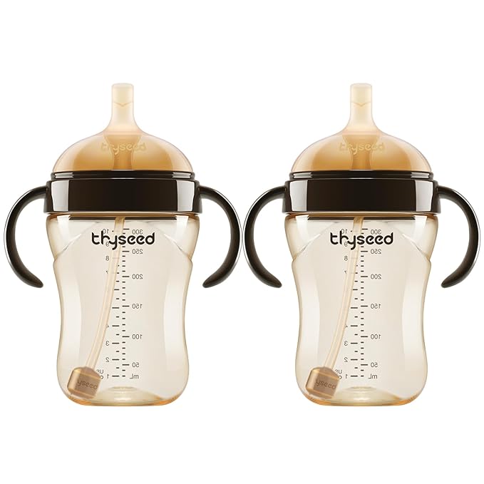 PPSU Weighted Straw Cup with Handles Toddlers Transition Bottles to Sippy Cups No Spill Learner Milk Water Baby Bottle Soft Silicone Spout Dishwasher Safe BPA Free 6+ Months 10oz/300mL 2 Pack