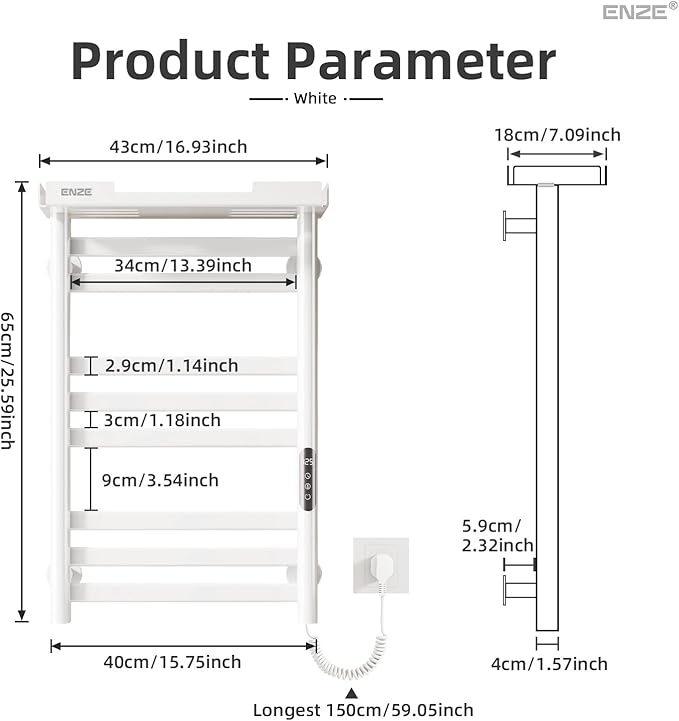 ENZE Heated Towel Rack with Shelf and Wi-Fi App Control, 8 Bars Electric Wall Mounted Towel Warmer with Timer & Adjustable Temperature, Low Carbon Steel, Plug-in/Hardwired, White