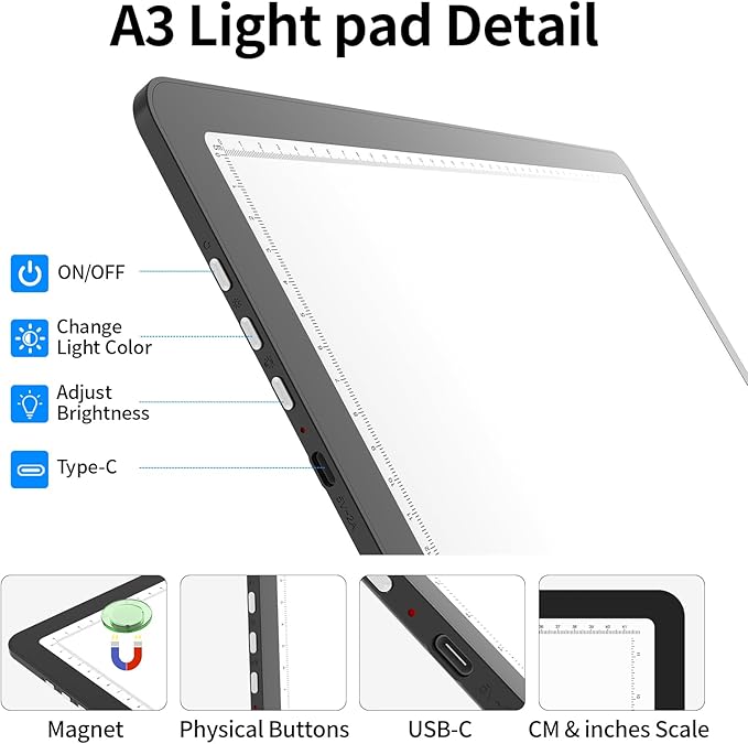 TOHETO A3 Light Board with Bag for Diamond Painting, Super Bright Magnetic Light Pad with Side Buttons, Lightbox for Tracing and Drawing, Corded Light Table for Sketching, Weeding Vinyl (Black)