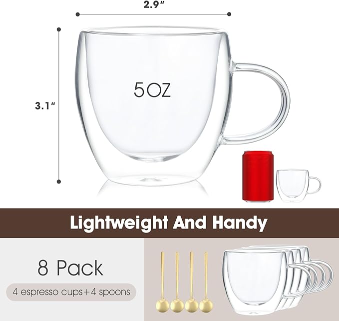 VENVENWEAVS Espresso Cups Set Of 4, Double Wall 5OZ Hand Blown coffee Shots - Image 2