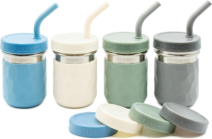WeeSprout 2-in-1 Drinking Cups for Kids, Durable Stainless Steel Tumbler for Smoothies, Silicone Straws with Stoppers, Premium Plastic Twist Lids, Easy-Grip Sleeves, Set of 4 Dishwasher Safe Kid Cups