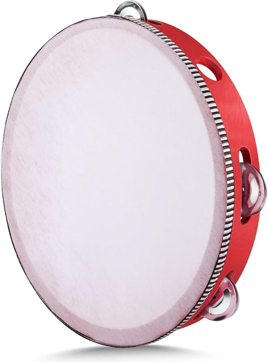 Flexzion Wooden Round Tambourine for Kids and Adults 10" Inch Single Row 8 Pair Jingles, Red Handheld Percussion Instrument for Beginner and Professional Tambourine Player
