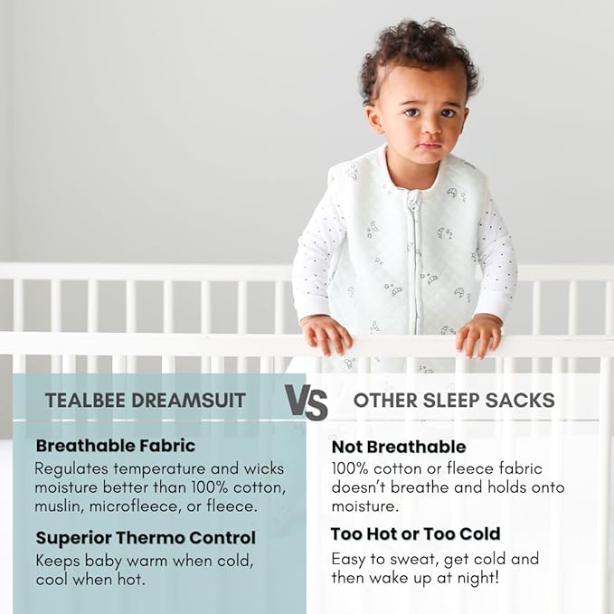 Tealbee DREAMSUIT: Toddler Sleep Sack with Feet 2T 3T - 0.8 TOG Lightweight Baby Wearable Blanket for Walkers - Rayon Made from Bamboo, Organic Cotton Sleeping Bag - Croissant